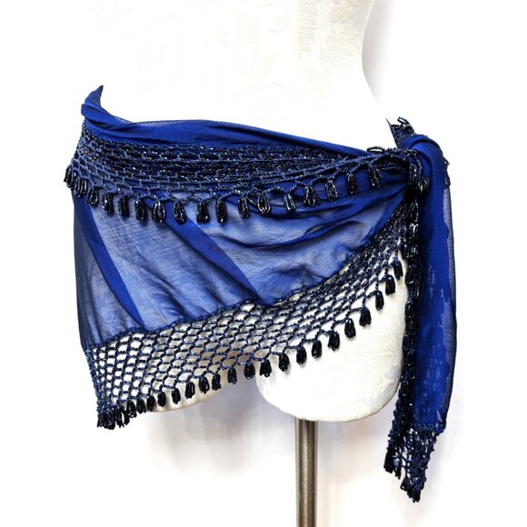 Beaded Royal Blue Sheer Triangle Shawl Scarf 37” x 37” x 61” - Picture 9 of 13